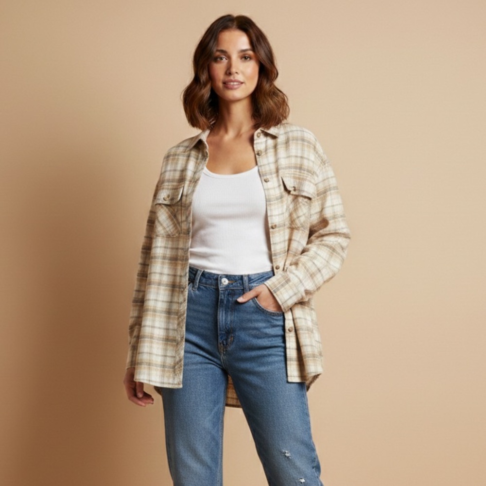 Abercrombie & Fitch Sz M Soft AF Relaxed Tan Plaid Flannel Button Front Shirt